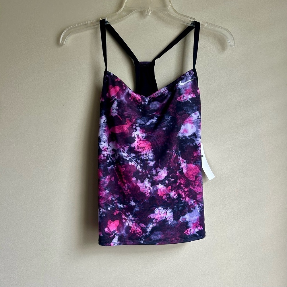 Nike powerback tankini swim top with purple and pink print women's size XS NWT